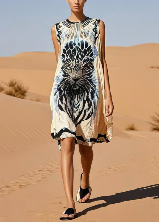 Bohemian Beige Oversized Tiger Print Cotton Day Dress Sleeveless