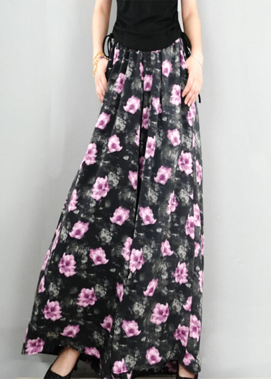 New Dark Gray Print Elastic Waist Cotton Wide Leg Pants Summer