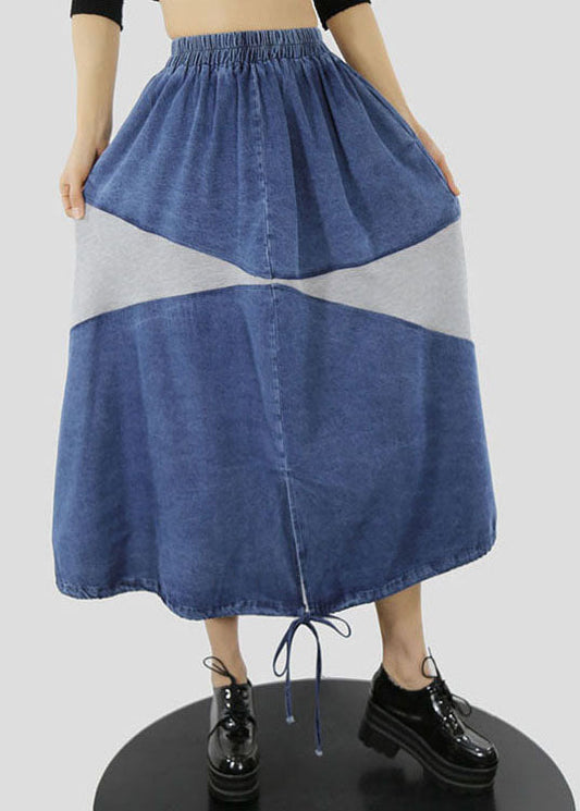 Women Blue white elastic waist drawstring Patchwork denim Skirt