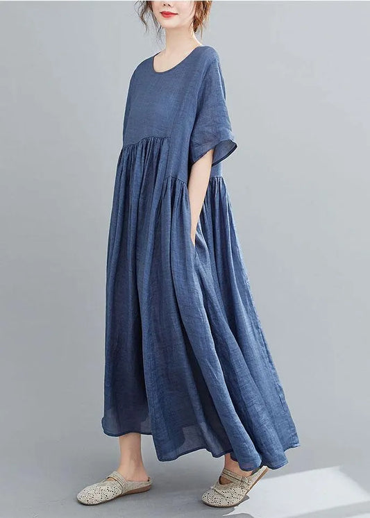 Natural Purple Pockets Short Sleeve Robe Cotton Linen Dresses