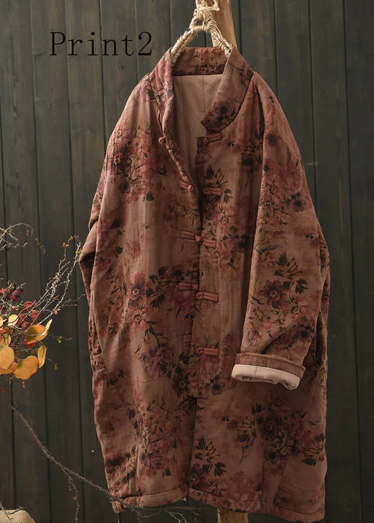 Vintage Stand Collar Print Oriental Button Fine Cotton Filled Coat Spring
