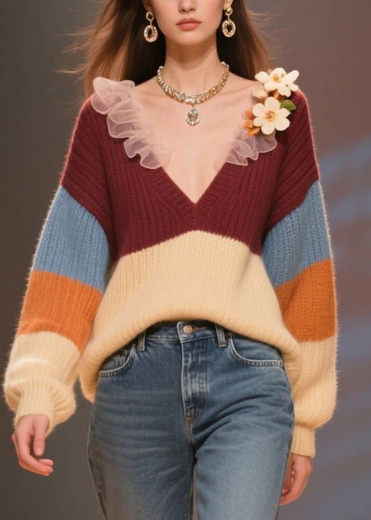 Women Colorblock V Neck Floral Knit Short Sweater Winter