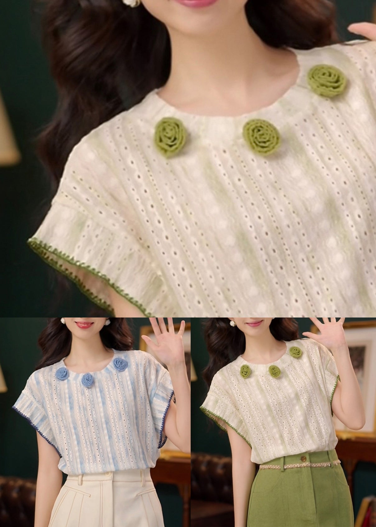 Art Blue Floral Hollow Out Cotton T Shirt Summer