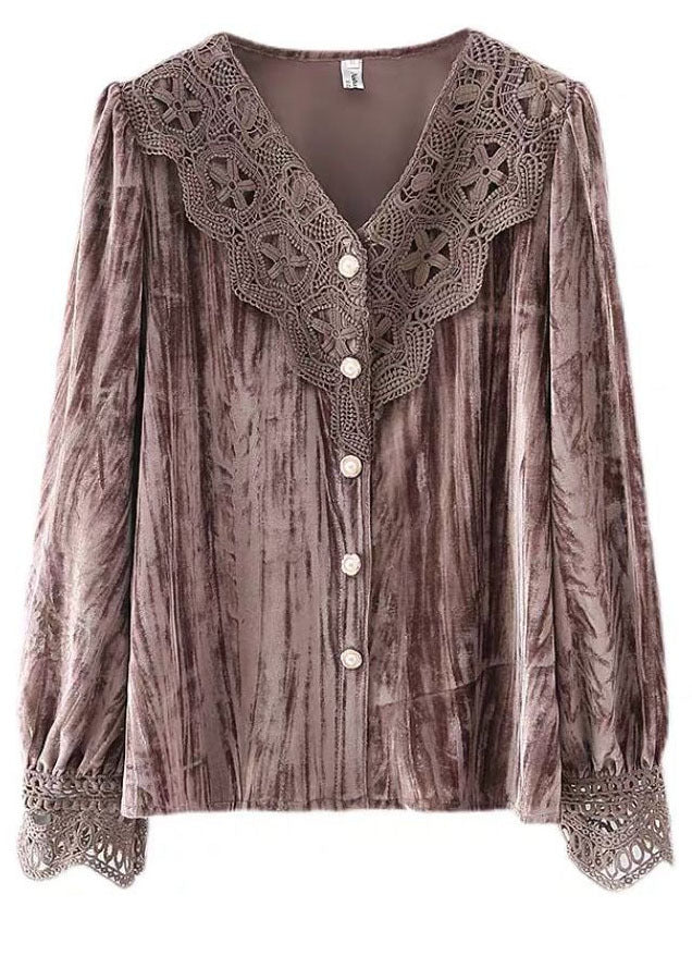 Coffee Lace Silk Velour Blouses V Neck Button Long Sleeve