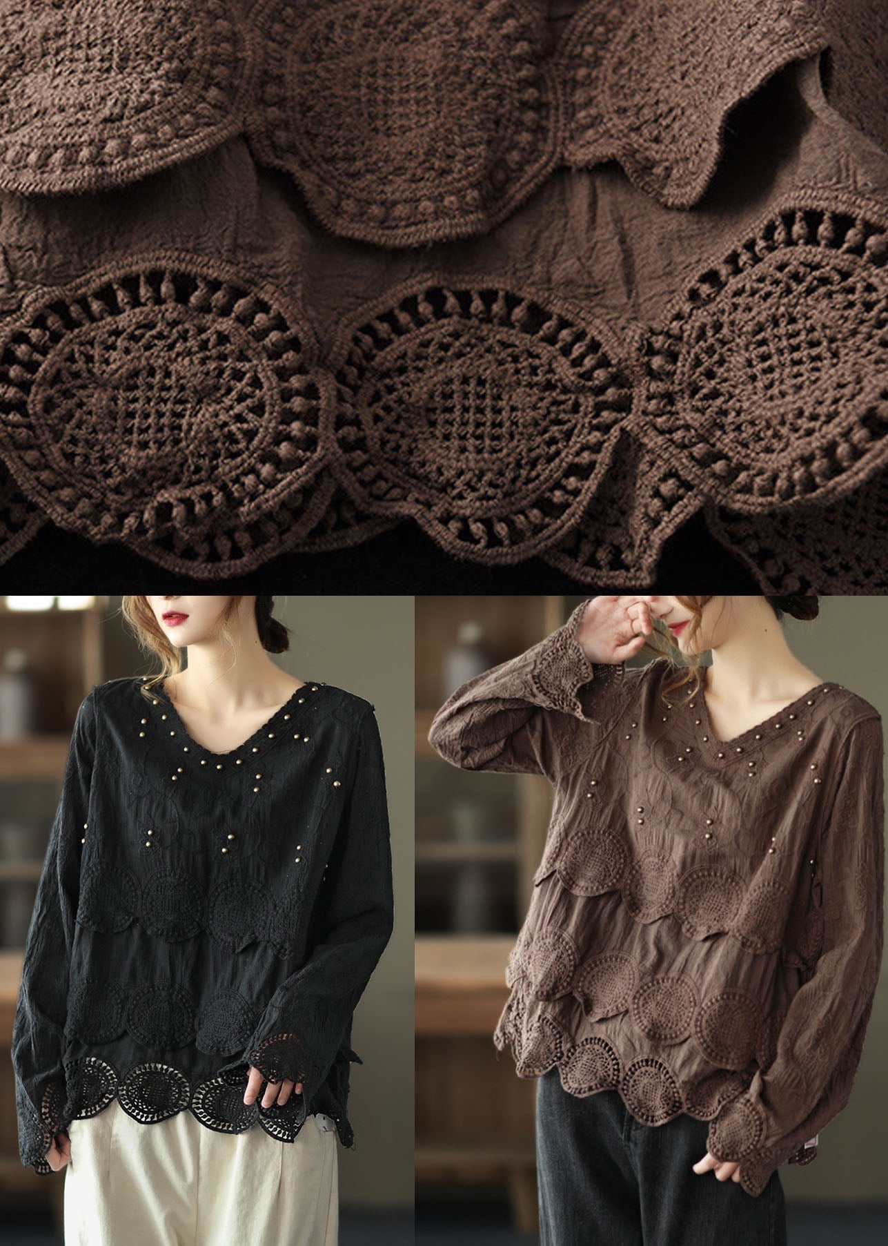 Plus Size Coffee Casual Embroideried Hollow Out Fall Long sleeve Shirt Tops