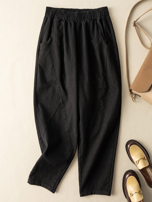 100% Natural Fabric Loose Ninth Pants With Pocket In Solid Color
