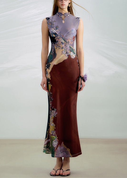 Purple Wear On Both Sides Long Dress Print Sleeveless
