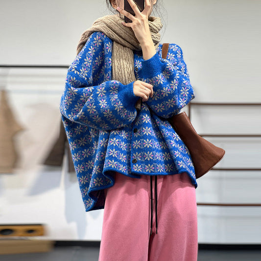Knit Lazy Single-Breasted Jacquard Thermal Cardigan Sweater