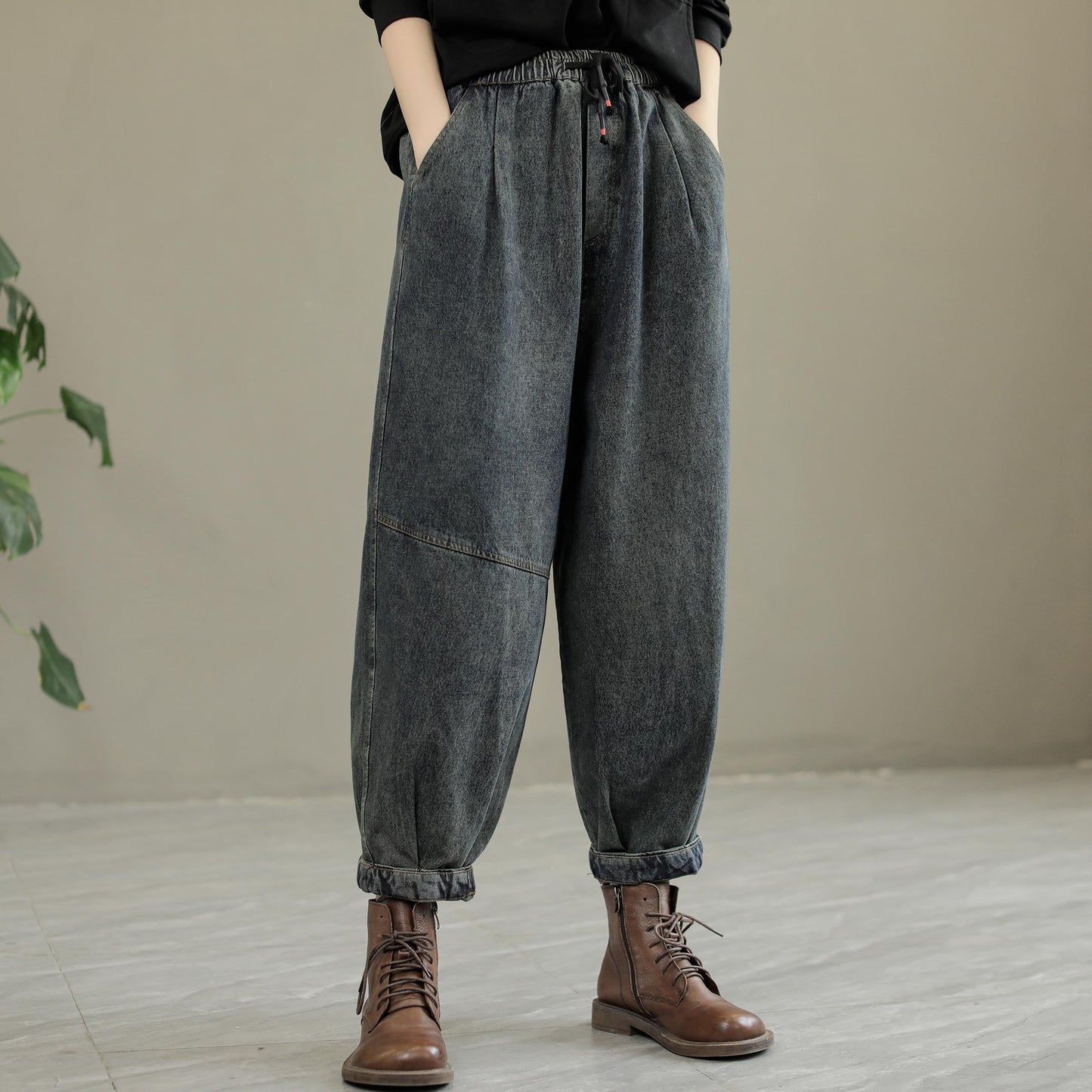 Women Autumn Loose Patchwork Cotton Jeans