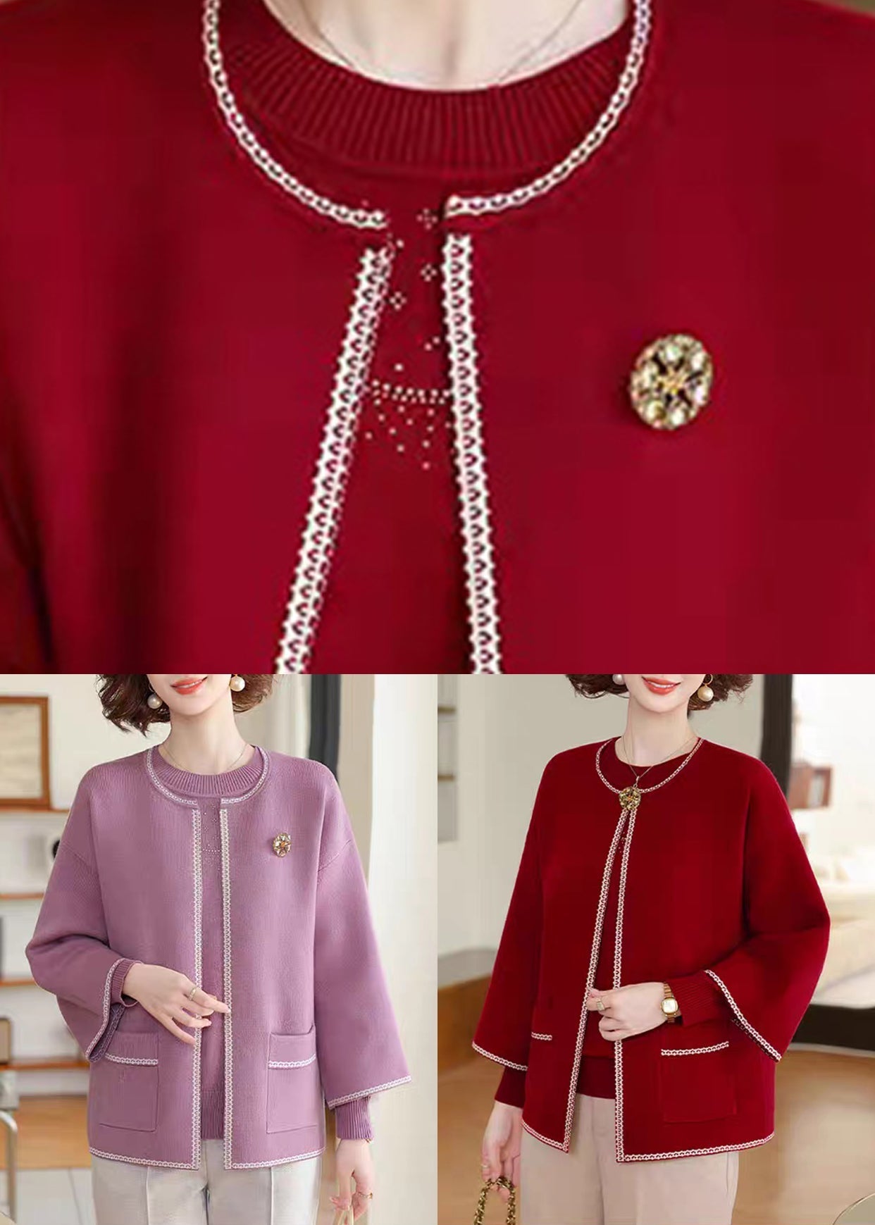 Natural Purple Patchwork Pockets Cotton Knit Cardigans And Sweater Two-Piece Set Fall