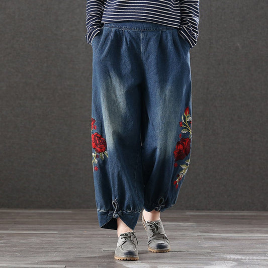 Embroidered Retro Loose Waist Jeans