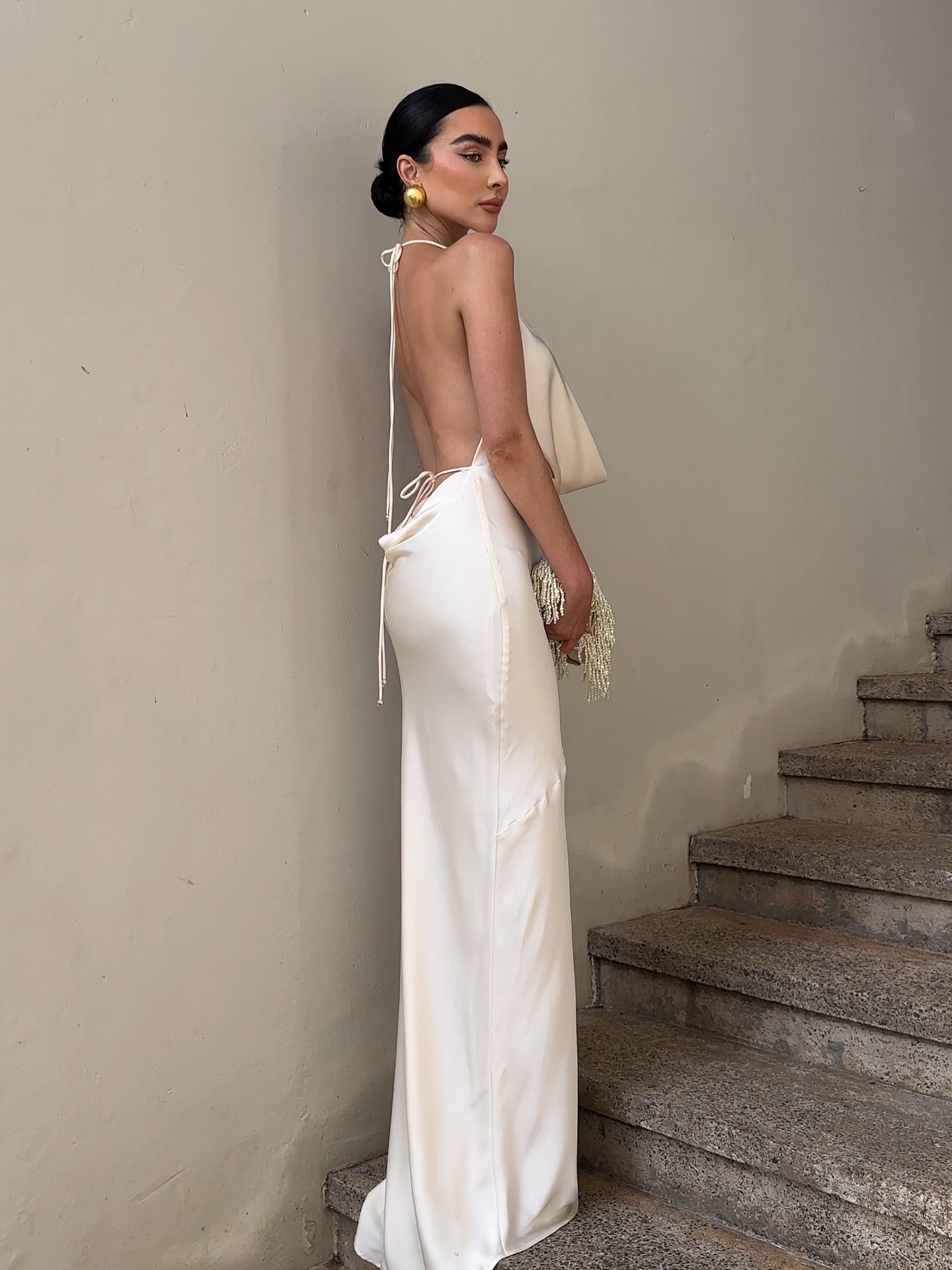 Ivory Satin Halter Cowl Neck Maxi Gown
