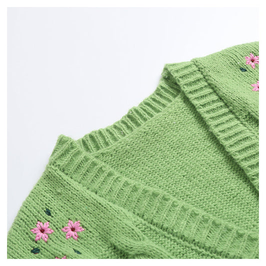 Flower embroidery V-neck short sweater cardigan 7396