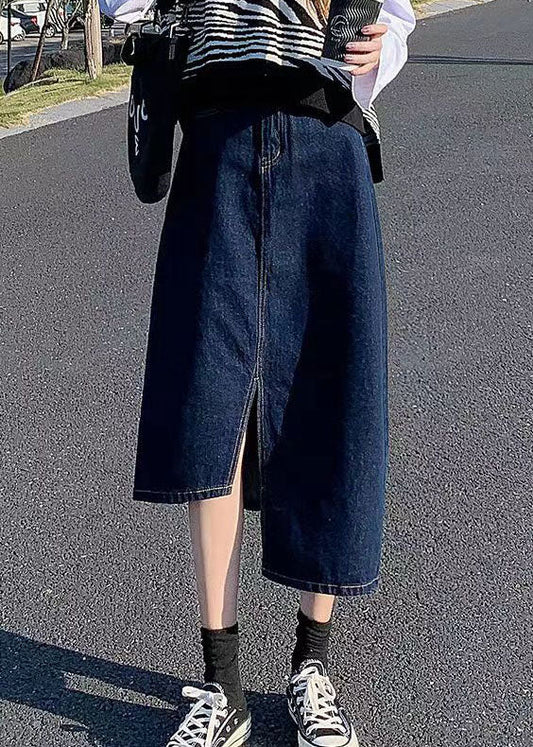 Elegant Navy Side Open Asymmetrical Pocket Cotton Denim Wraped Skirts Cozy