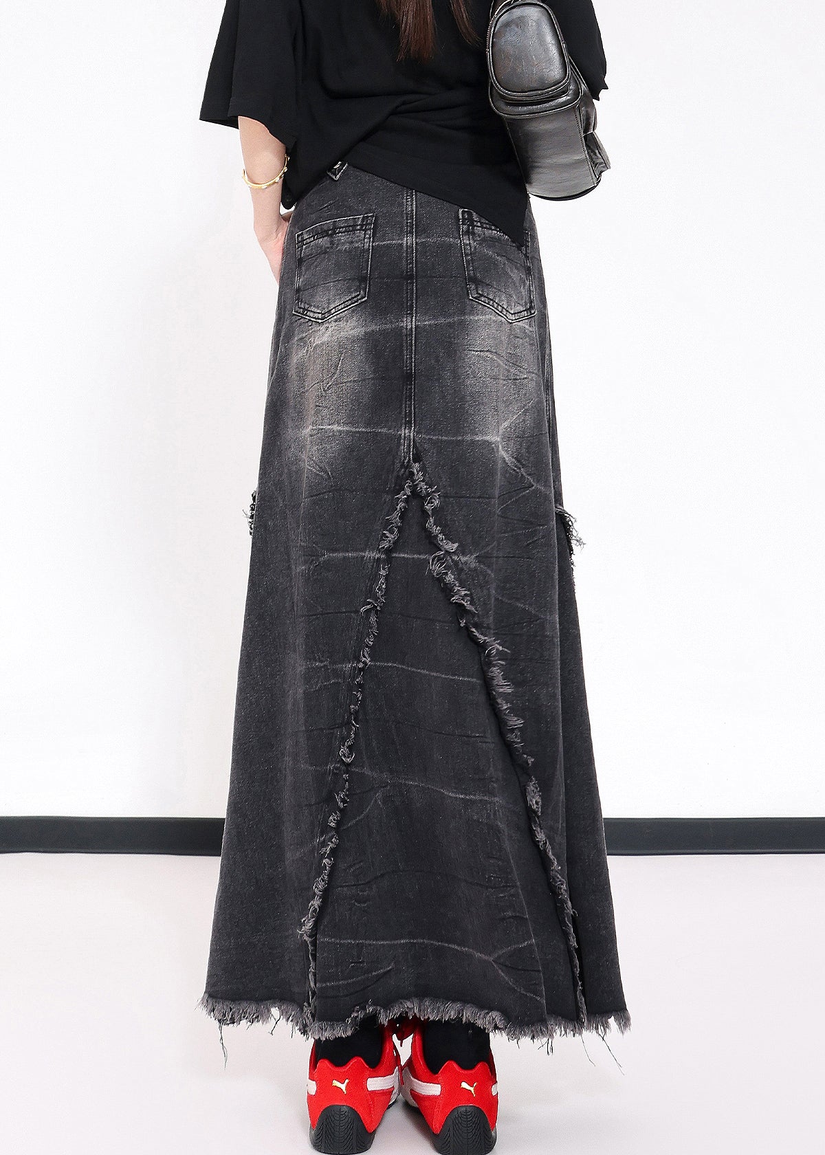 Chic Black Tassel Pockets Patchwork Slim Fit Denim Skirts Fall