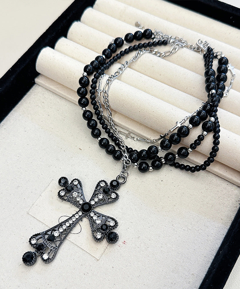 Chic Black Zircon Cross Multilayer Beads Gratuated Bead Necklace