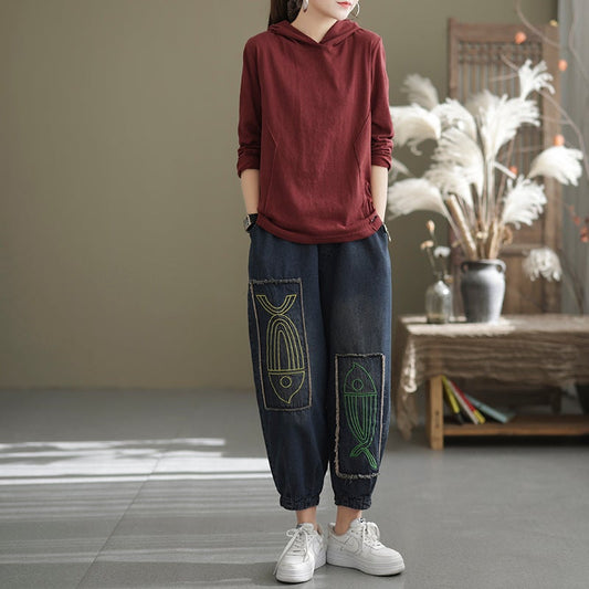 Women Casual Fish Embroidery Cotton Jeans