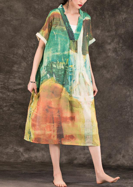 Beautiful green print linen clothes For Women v neck patchwork Maxi summer Dresses