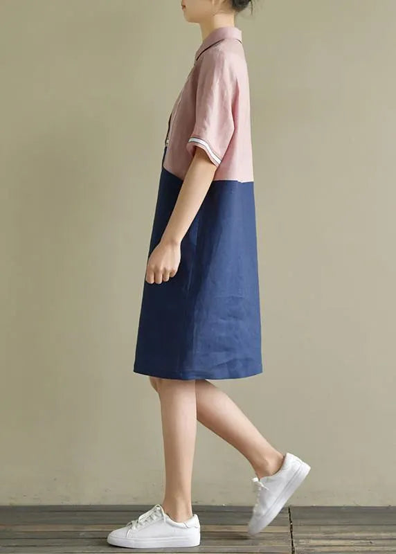 Women pink patchwork blue linen Robes lapel shift summer Dress