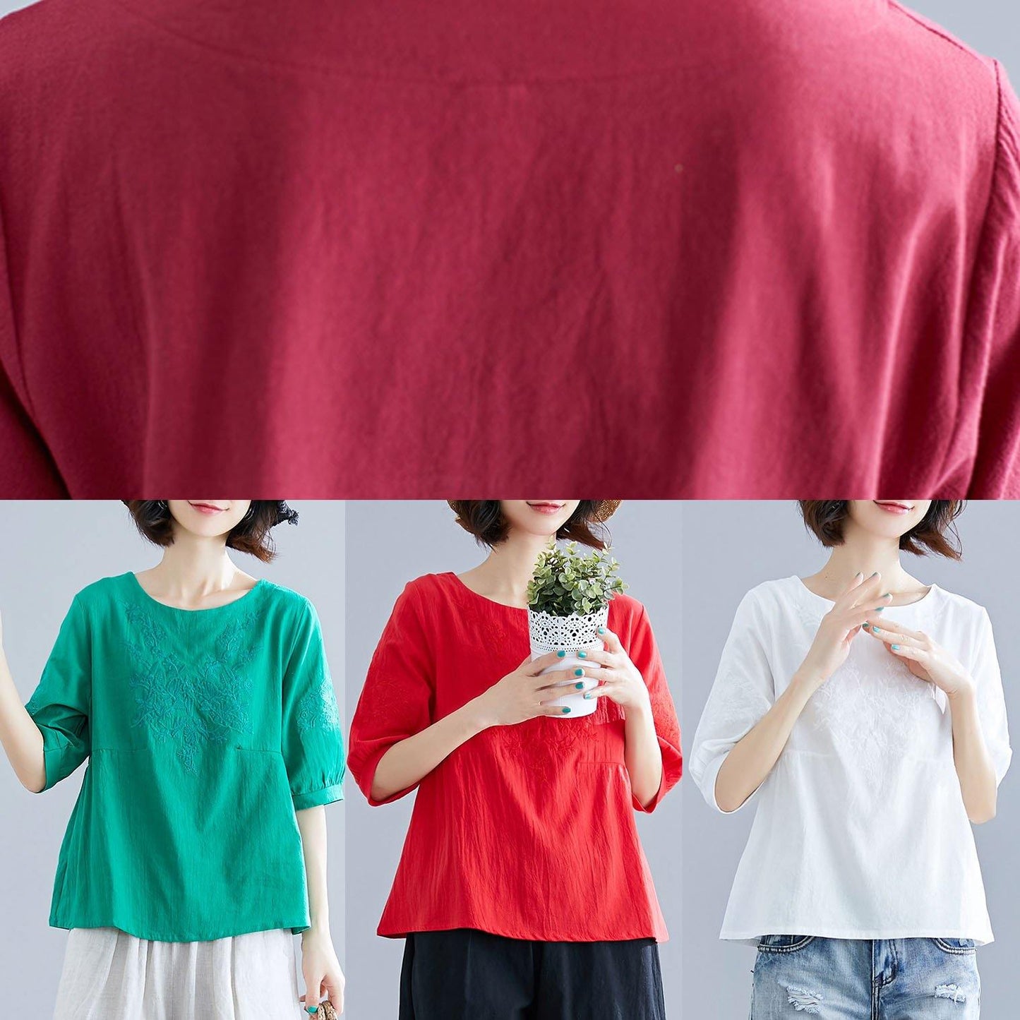 Natural o neck embroidery cotton clothes Outfits green blouses summer