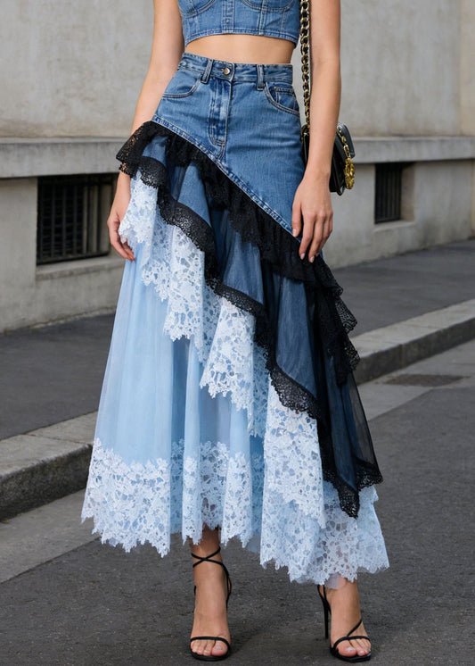 Beautiful Blue Asymmetrical Lace Patchwork Denim Skirts Summer