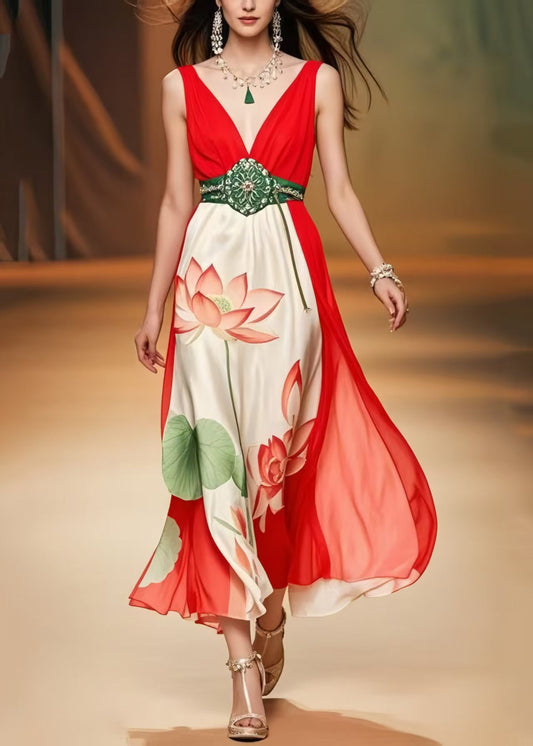 Fine Red Cinched Patchwork Silk Mini Dress Summer