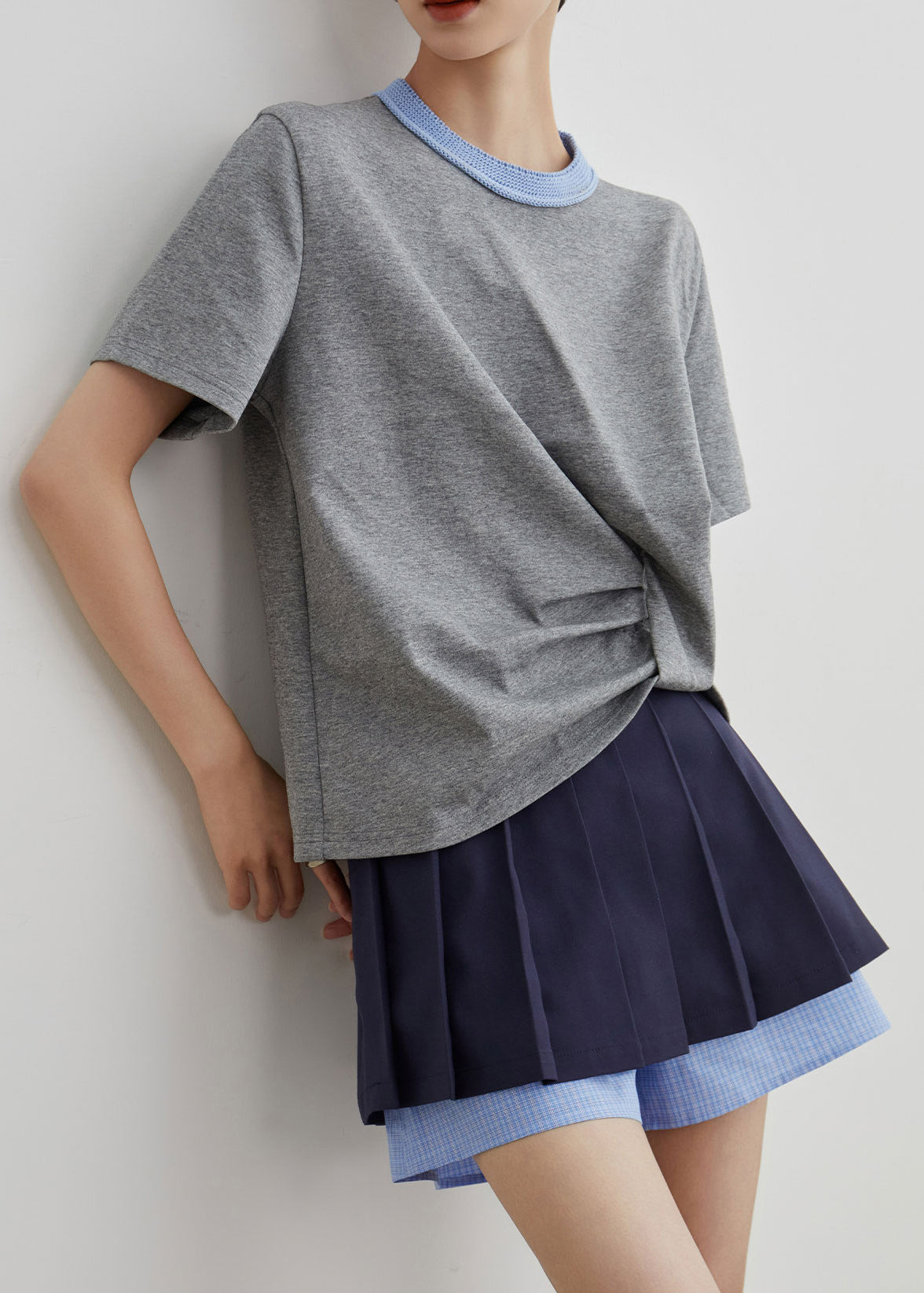 French Grey O-Neck Patchwork T Shirts And Navy Pants Skirt Cotton Two Piece Set Summer