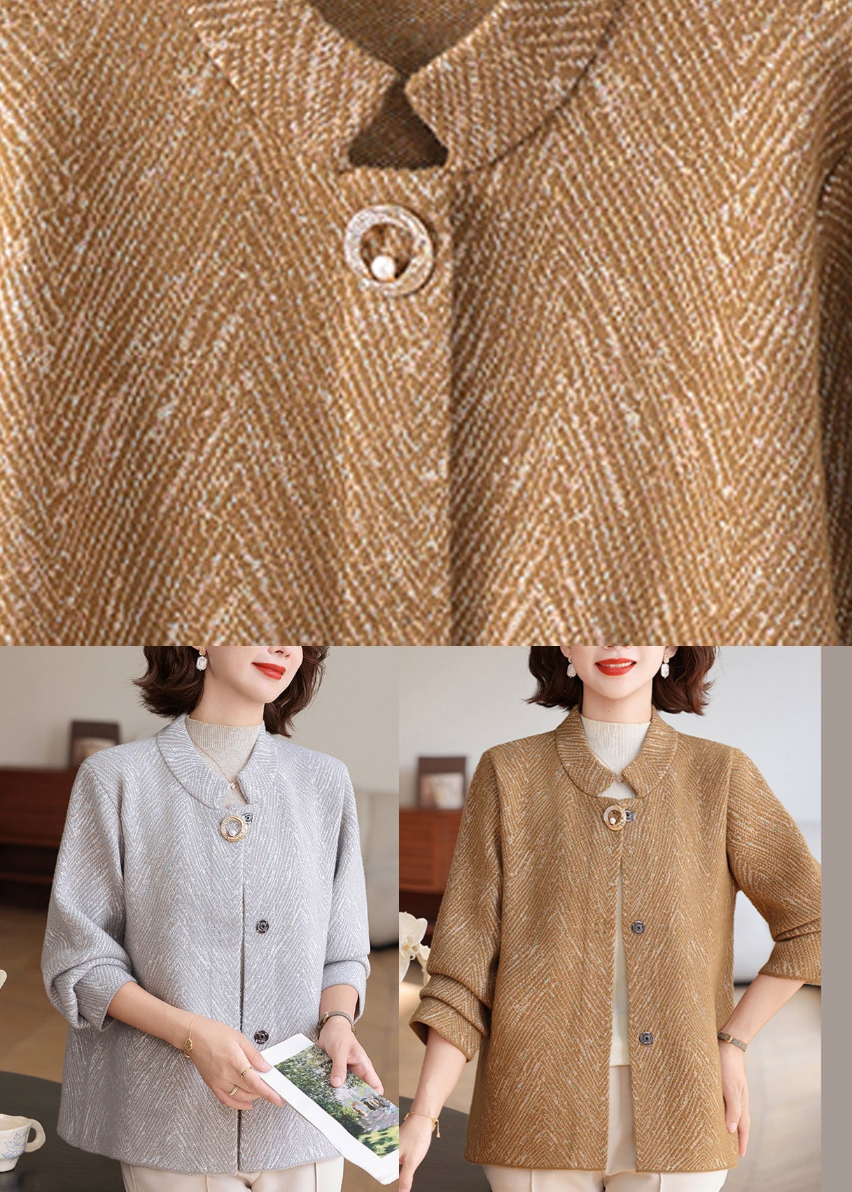 Women Light Grey O-Neck Striped Knit Cardigan Fall