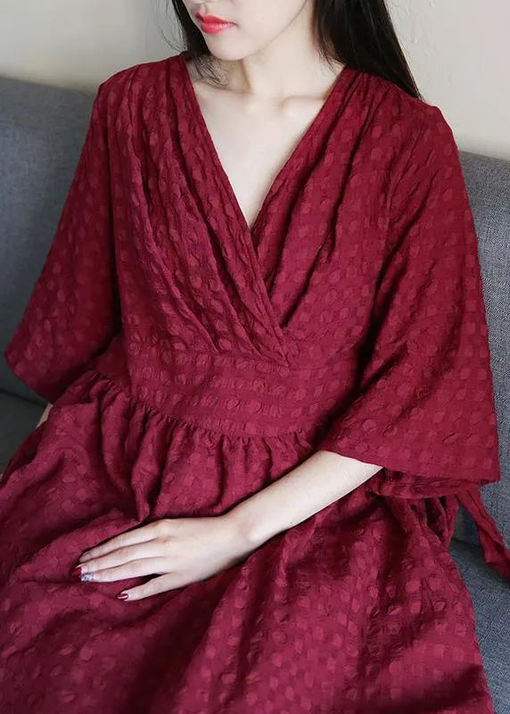 Chic v neck tie waist linen clothes For Women Runway burgundy Dress