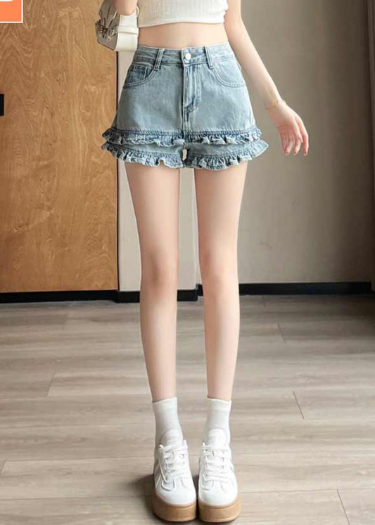 Blue Pockets High Waist Summer Denim Shorts Ruffled