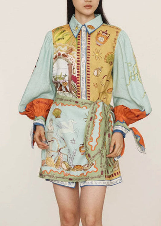 Natural Green Print Two Pieces Set Shirts And Skirts Lantern Sleeve