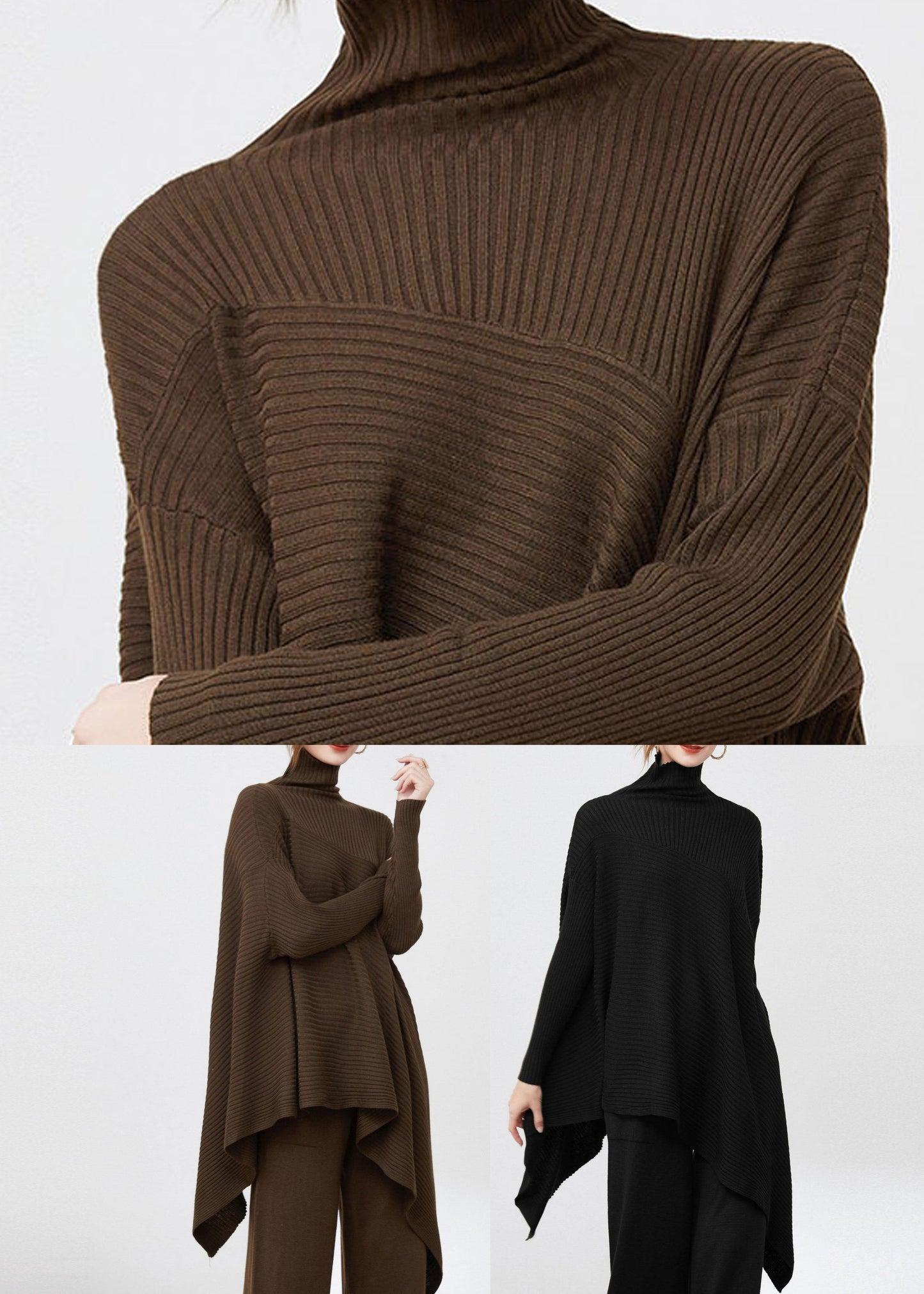 French Coffee Turtle Neck Patchwork Striped Wool Knitted Tops Long Sleeve