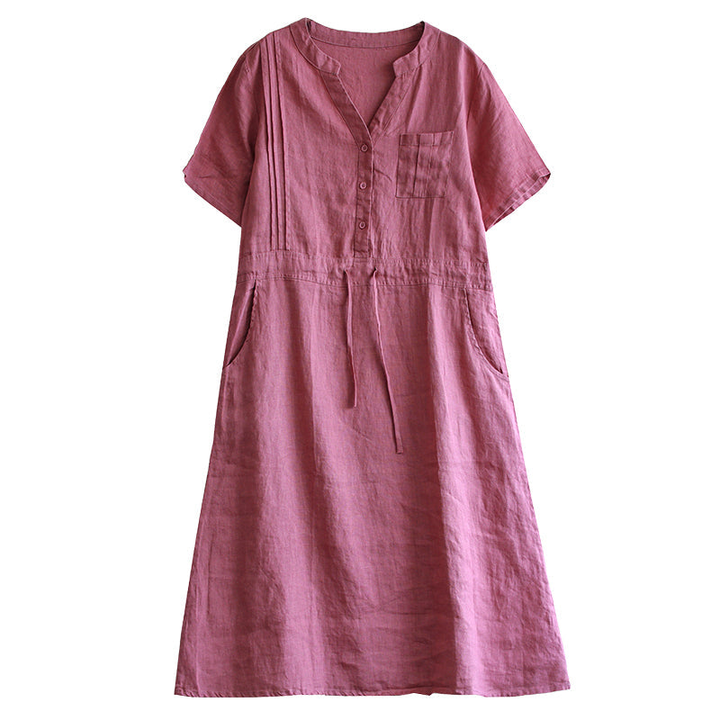 Summer Linen Short Sleeve Loose V-Neck Lacing Dress