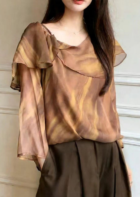 Beautiful Brown One Shoulder Tie Dye Chiffon Blouse Top Spring