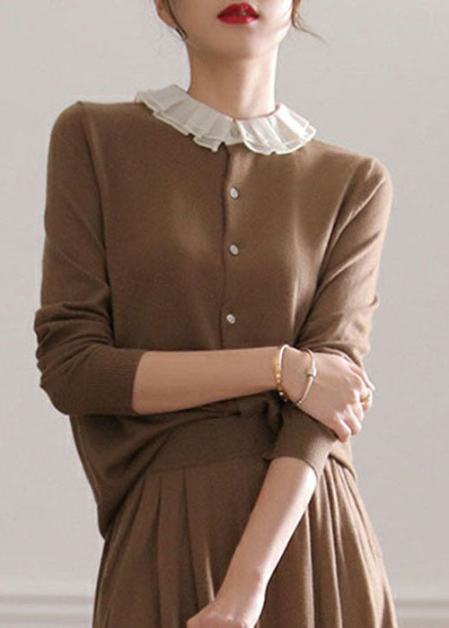 Women Coffee O-Neck Ruffled Patchwork Cashmere Cardigans Spring