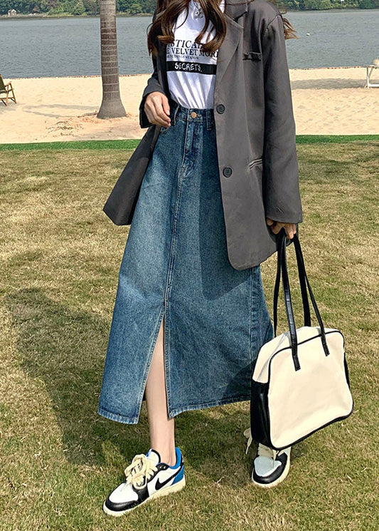 Fashion Denim Blue High Waist Side Open Cotton A Line Skirt Cozy