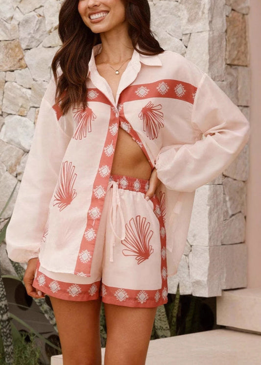 Women Pink Button Print Linen Shirt And Shorts Two Piece Set Spring