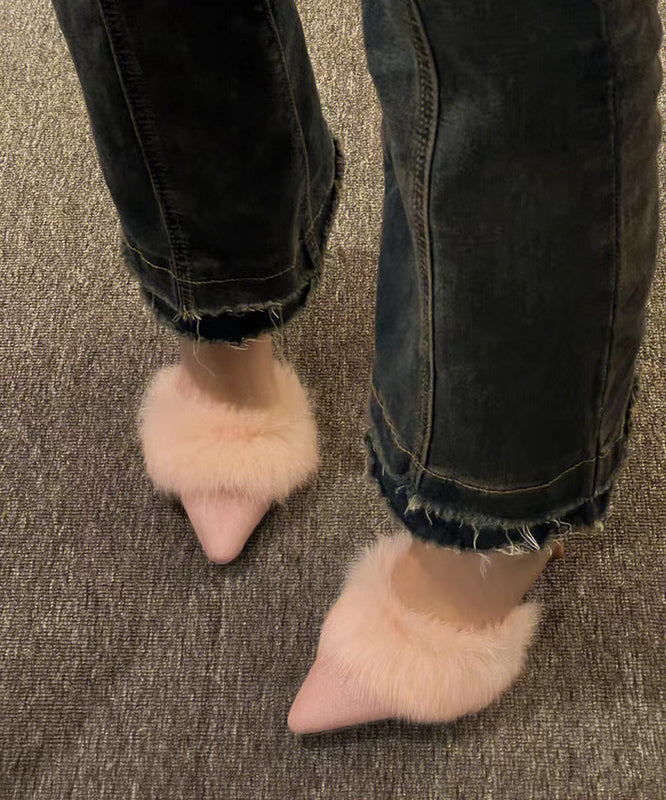 2025 New Pink High Heels Slippers Pointed Toe Fuzzy Wool Lined