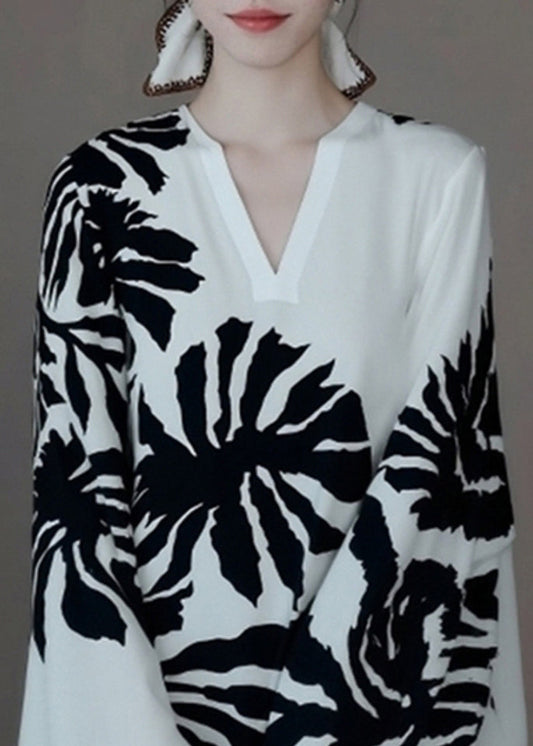 French White Print Wrinkled Shirt Batwing Sleeve
