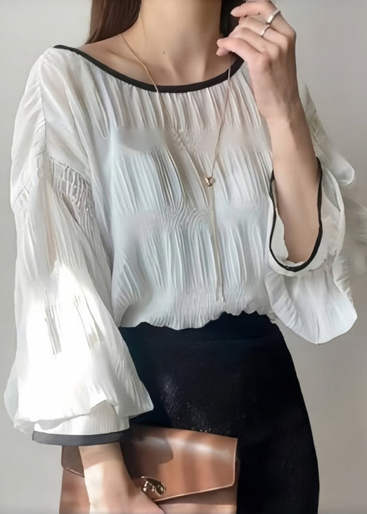 Elegant White Oversized Chiffon Shirt Tops Lantern Sleeve