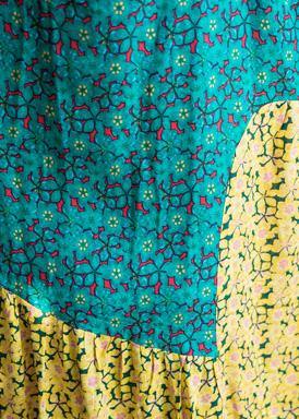 Elegant yellow blue print linen Robes o neck patchwork Traveling summer Dresses