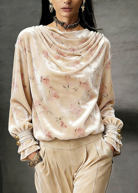 Cute Pink Draped Necklin Print Silk Velour Shirts Lantern Sleeve