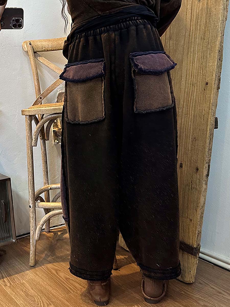 Women Vintage Cotton Elastic Waist Stitching Loose Harm Pants