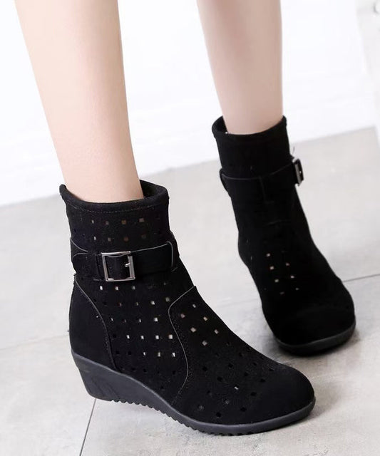 Red Hollow Out Splicing Women Wedge Boots