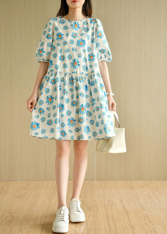 Casual Blue O-Neck Print Summer Cotton Half Sleeve Dresses