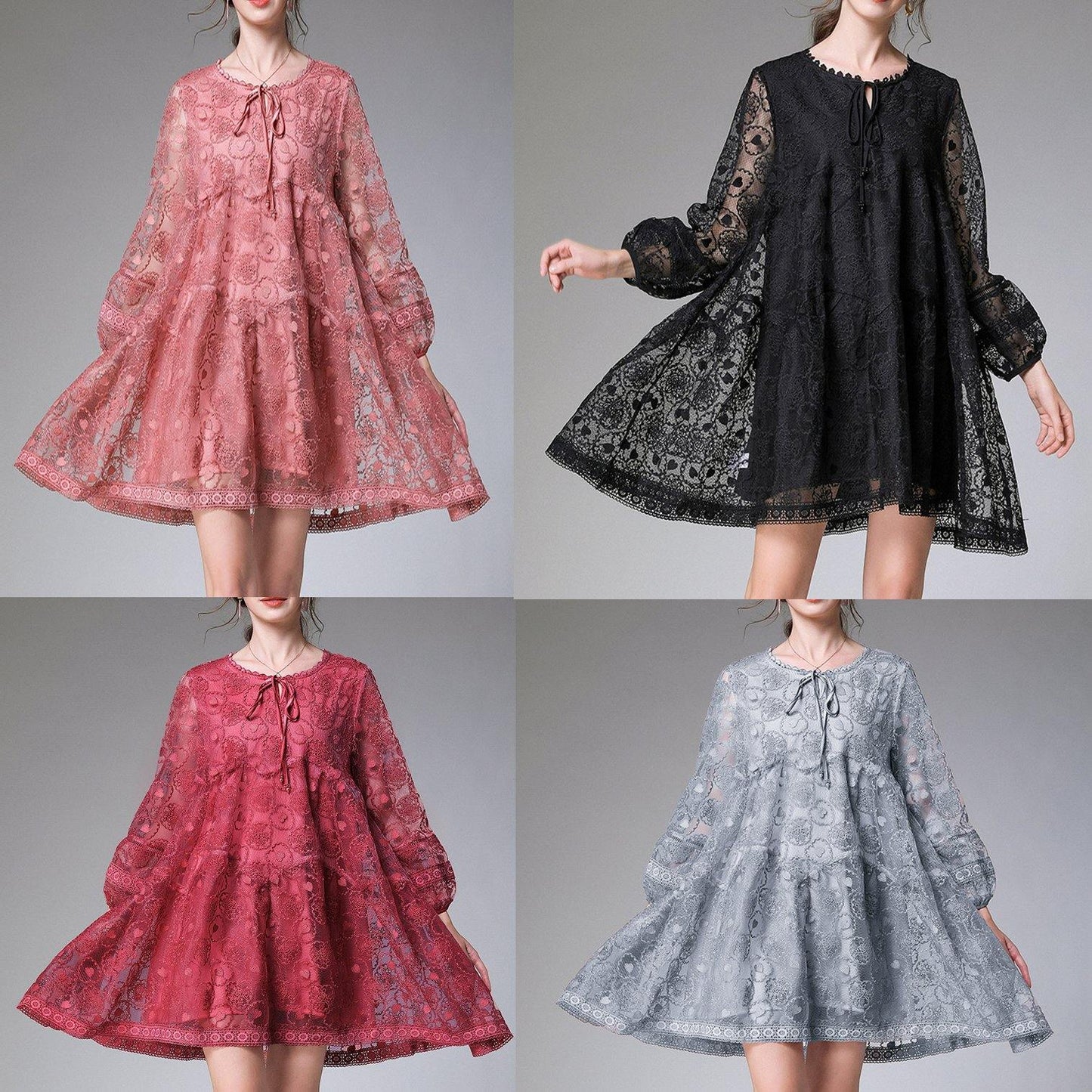 Vintage Grey Long sleeve Lace Summer Maxi Dresses