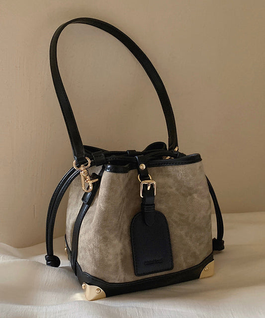 Women Black Faux Leather Drawstring Bucket Bag