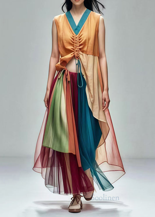 Unique Khaki Cinched Patchwork Cotton Tops And Tulle Skirts Two-Piece Set Summer