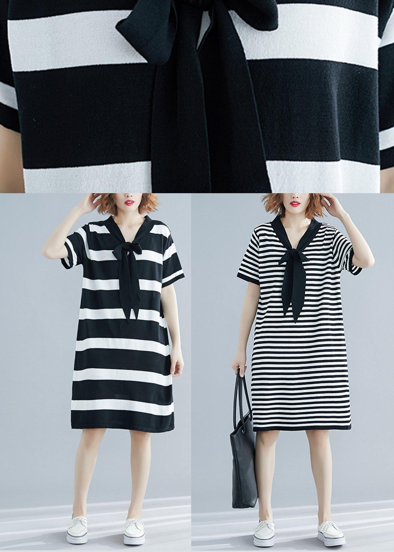 Beautiful Black White Narrow Striped Short Sleeve Summer Cotton Dress