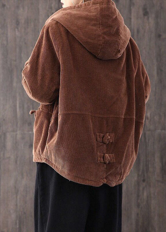 Coffee Thick Fine Cotton Filled Corduroy Hooded Coat Winter